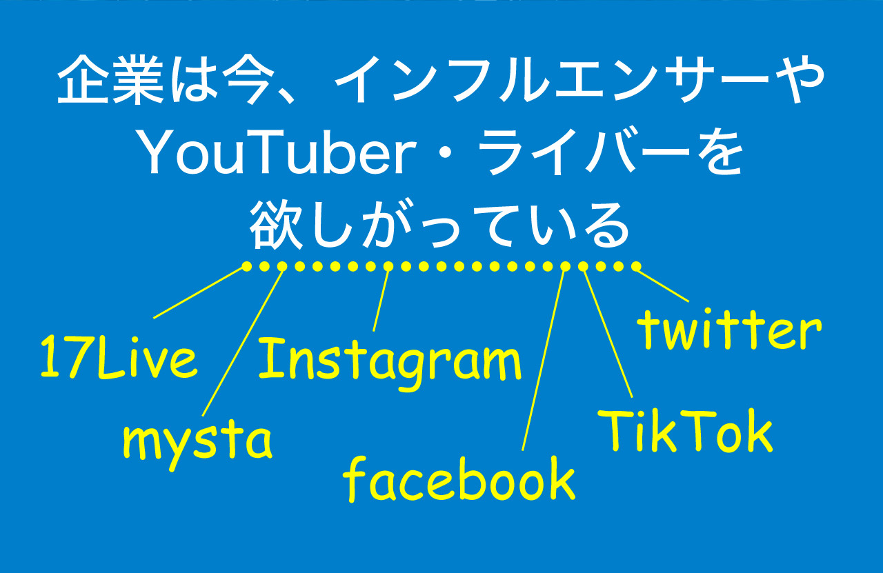 企業は今、インフルエンサーやYouTuber・ライバーを欲しがっている
		17live Instagram twitter mysta facebook TikTok